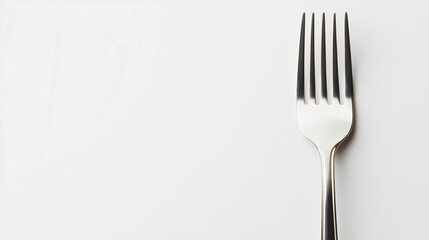 Fork utensil and stainless steel on white dishware background, isolated cutlery with copy space for menu or restaurant dining, perfect for setting a clean table for a meal