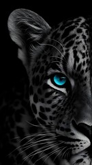 Obraz premium Close-up of a black and white leopard with bright blue eyes.