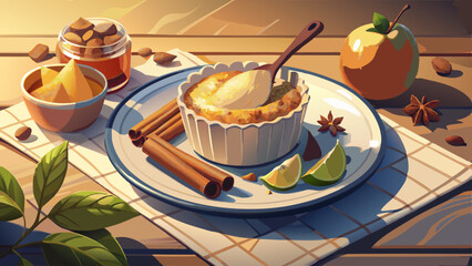 Pear and oat crumble with vanilla sauce, isolated on a white ceramic plate with cinnamon sticks and fresh pears