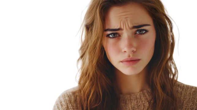 Young woman girl portrait isolated transparent background, stressed adult female person sad and tired, facing depression and life’s problems alone with worried expression, conveying emotional struggle