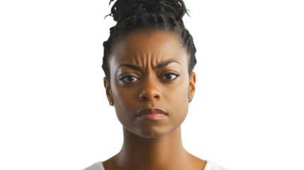 African American woman in casual studio portrait displays intense emotion through a frowning, disappointed, and grumpy expression, reflecting anger, frustration, and doubt in a natural, serious upset