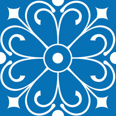 Intricate white floral pattern on a vibrant blue background forms an elegant and classic design, suitable for various decorative applications