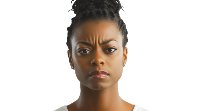 African American woman in casual studio portrait displays intense emotion through a frowning, disappointed, and grumpy expression, reflecting anger, frustration, and doubt in a natural, serious upset