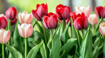 Fototapeta premium A vibrant display of red and pink tulips surrounded by lush green leaves, perfectly showcasing spring's beauty.