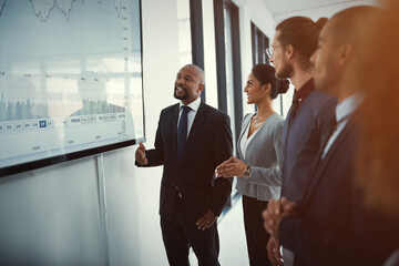 Presentation, finance and chart with business man in office for profit margin, stock market index...