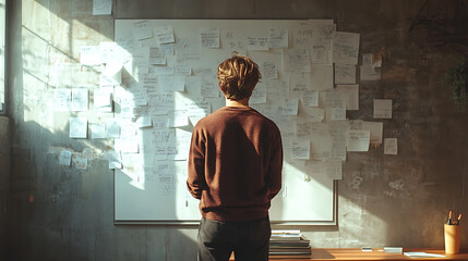A man stands in front of a white board covered in notes