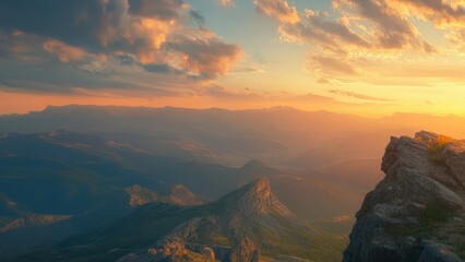Fototapeta premium A breathtaking sunset view over mountains with dramatic clouds and distant valleys.
