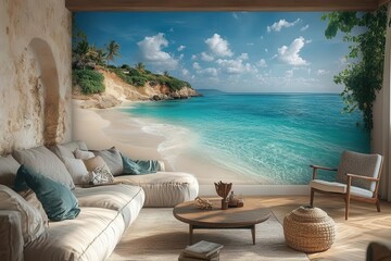 Obraz premium Coastal Paradise Haven: Luxurious Oceanfront Living Space with Panoramic Views of Turquoise Waters and Private Beach