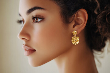 brunette woman with elegant gold earrings on the ear