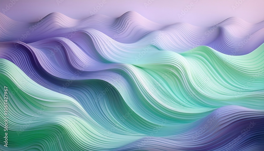 Poster Abstract Pastel Waves. Flowing Lines of Serene Gradient Texture in Soft Green and Lavender, Perfect for Calm Digital Backgrounds, Minimalist Design, and Relaxing Visuals