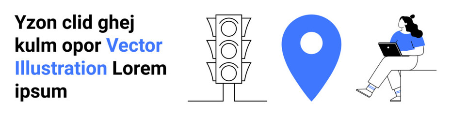 Traffic light with three signals, blue map pin, and woman sitting with laptop. Ideal for navigation, education, urban planning, technology, connectivity, online learning, information dissemination