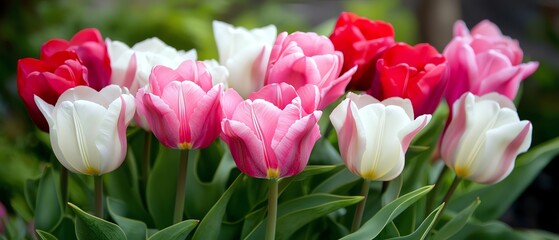 Fototapeta premium A vibrant display of tulips in shades of red, pink, and white, surrounded by lush green foliage, creating a cheerful and colorful garden scene.
