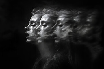 A woman's face layered in shadows for an ethereal effect.