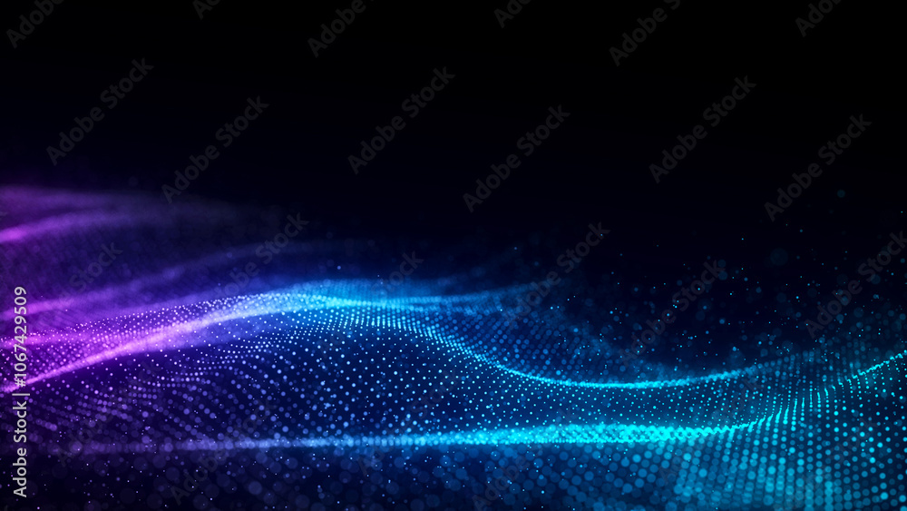 Poster Wave of particles and lines. Big data visualization. Abstract color background with a dynamic wave. 3d rendering.