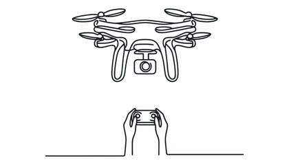 Vector continuous one single line drawing icon of quadcopter camera drone in silhouette on a white background.