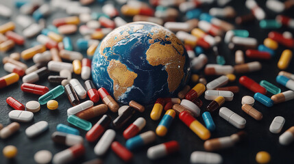 A miniature globe situated amidst a colorful array of various pharmaceutical capsules and tablets
