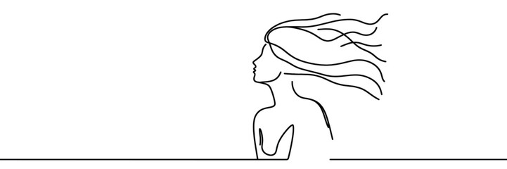 Continuous one line drawing. Abstract portrait of pretty young woman with beautiful hair. Vector illustration.