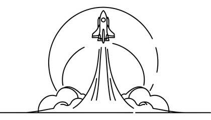 One continuous line drawing of Rocket space ship launch.