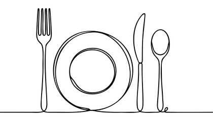 continuous line drawing of fork, plate, knife and spoon. minimalist one line drawing of cutlery. single line vector illustration. isolated white background.