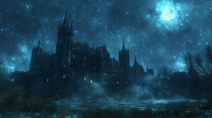 Explore the mystical beauty of an enchanted castle under the starry night sky