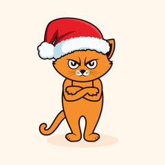 Grumpy cat with santa hat vector illustration. Angry christmas cat cartoon character. Funny orange cat with arms crossed icon vector. Cat hates christmas drawing