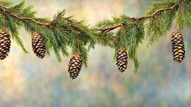 A branch of evergreen tree with six pine cones hanging from it against a blurred background