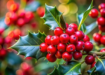 Obraz premium Close-up, blurred holly berries, a wintery nature scene.