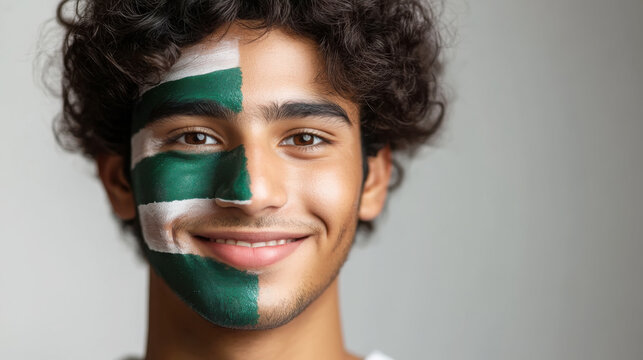 Young man with saudi arabian flag face paint for national day celebration