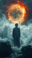 Obraz premium Surreal Dreamscape: A Man Stands Before a Burning Moon and Stormy Sea