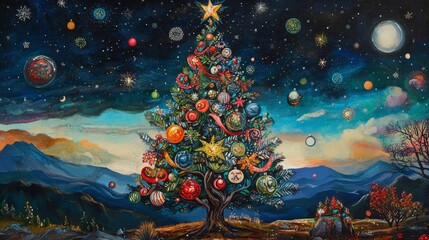 A whimsical Christmas tree adorned with colorful ornaments stands tall under a starry night sky, symbolizing joy, wonder, and the magic of the holiday season.