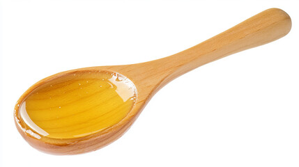 A thick stream of honey drips from a wooden honey dipper, isolated on a white background. The golden honey flows smoothly, emphasizing its rich texture. This image embodies the essence of healthy food