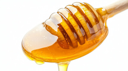 A thick stream of honey drips from a wooden honey dipper, isolated on a white background. The golden honey flows smoothly, emphasizing its rich texture. This image embodies the essence of healthy food
