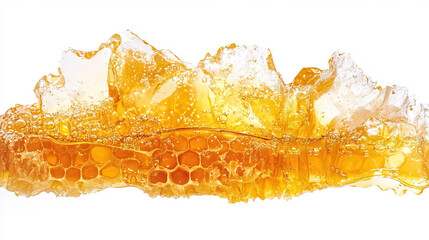 A piece of honeycomb alongside a pool of golden liquid honey, isolated on a white background. The honeycomb's rich texture and the smooth flow of honey capture the essence of natural sweetness 