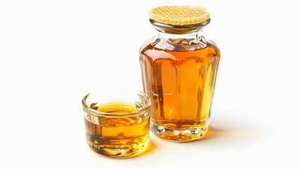 A piece of honeycomb alongside a pool of golden liquid honey, isolated on a white background. The honeycomb's rich texture and the smooth flow of honey capture the essence of natural sweetness 