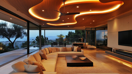 A cozy living room interior featuring ceiling lighting and a modern ceiling fan circulator for efficient ventilation. The fan blends seamlessly with the decor, enhancing the comfort 