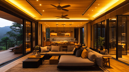 A cozy living room interior featuring ceiling lighting and a modern ceiling fan circulator for efficient ventilation. The fan blends seamlessly with the decor, enhancing the comfort 