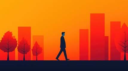 A silhouette of a man walking through a colorful cityscape at sunset, featuring stylized buildings and trees in shades of orange and red.
