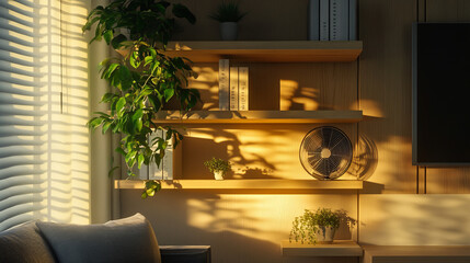 A modern electric fan sits on a shelving unit alongside a houseplant in a cozy home setting. The sleek design of the fan complements the natural greenery on the shelf.