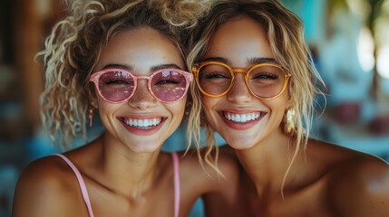 two funny best friends laughing wholeheartedly in a bright studio surrounded by playful props and colorful backdrops capturing the essence of joy and friendship in an energetic moment
