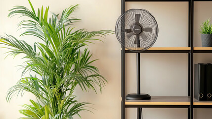 A modern electric fan sits on a shelving unit alongside a houseplant in a cozy home setting. The sleek design of the fan complements the natural greenery on the shelf.