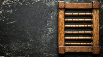 An old, vintage wooden decimal abacus with worn, scratched beads sits on a black chalkboard desktop, leaving space for an inscription in the background. Top view, flat lay.