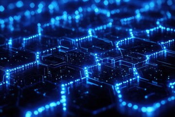 Obraz premium Futuristic blue digital network with glowing hexagonal pattern