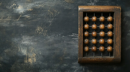 An old, vintage wooden decimal abacus with worn, scratched beads sits on a black chalkboard desktop, leaving space for an inscription in the background. Top view, flat lay.