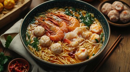 A bowl of delicious asian noodles with shrimp, meatballs, and greens