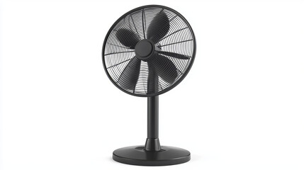 A black stand fan, a floor ventilator, isolated on a white background. This air-cooling device, equipped with rotating blades, functions as a household appliance to provide airflow