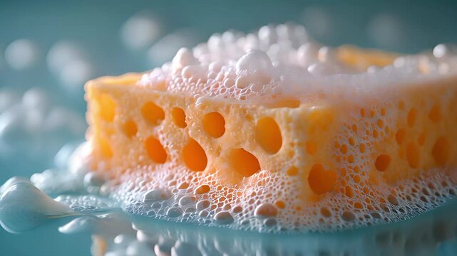 Close-up of a washing sponge with soap, cleaning