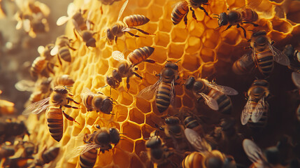 A top-down view of numerous bees crawling over a golden honeycomb in an apiary, busy at work producing honey. The intricate honeycomb pattern and the movement of the bees capture the vibrant activity 