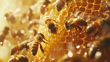 A top-down view of numerous bees crawling over a golden honeycomb in an apiary, busy at work producing honey. The intricate honeycomb pattern and the movement of the bees capture the vibrant activity 