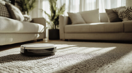 A white robot vacuum cleaner moves across the carpet in the living room, near the sofa. The modern smart device efficiently cleans the apartment floor.