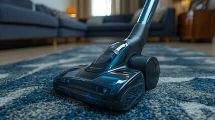 A cordless vacuum cleaner glides over the carpet, capturing dirt with each pass. Close-up view shows its cleaning action in detail.